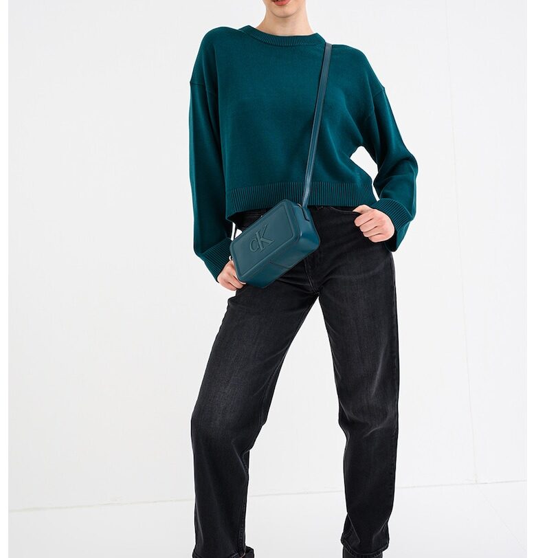 Едноцветен пуловер от памук с паднали ръкави - Тъмнозелен CALVIN KLEIN JEANS