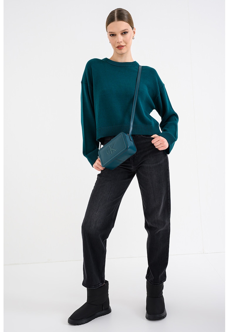 Едноцветен пуловер от памук с паднали ръкави - Тъмнозелен CALVIN KLEIN JEANS