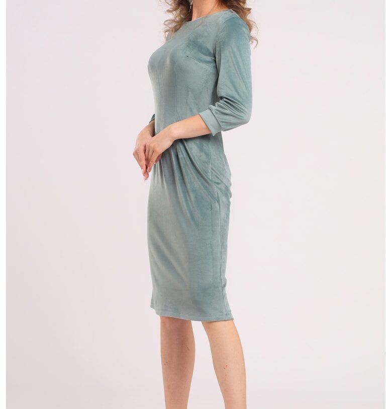 Едноцветна рокля с дълги ръкави - Прашно синьо CAMISSI