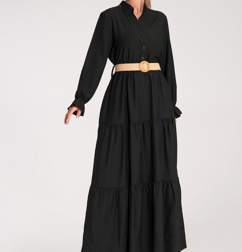 Ежедневна дълга рокля  с волани - черна - с колан - един размер Figl