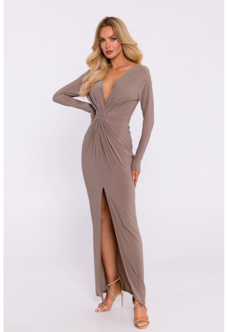 Еластична трикотажна рокля с плетка - Бежов MOE