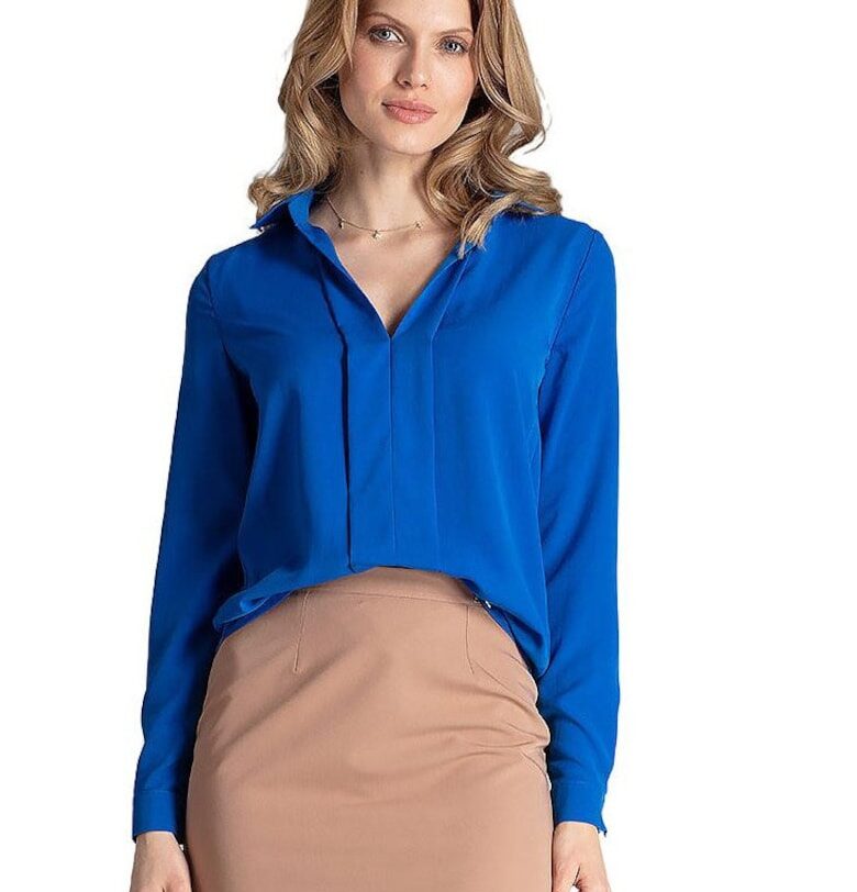 Елегантна блуза  M621 - сапфирено синьо - дълъг ръкав - полиестер/еластан Figl