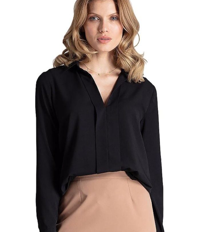 Елегантна блуза  M621 - черна - декоративна яка - полиестер/вискоза - дълъг ръкав Figl