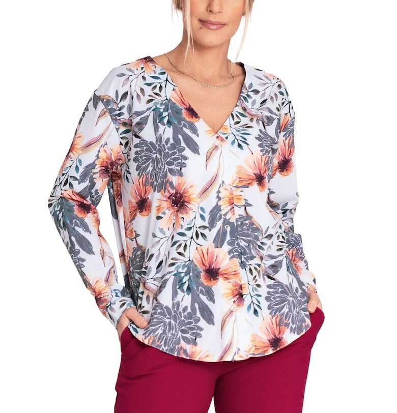 Елегантна блуза  модел с V-образно деколте - дълъг ръкав - многоцветна - полиестер-еластан Figl