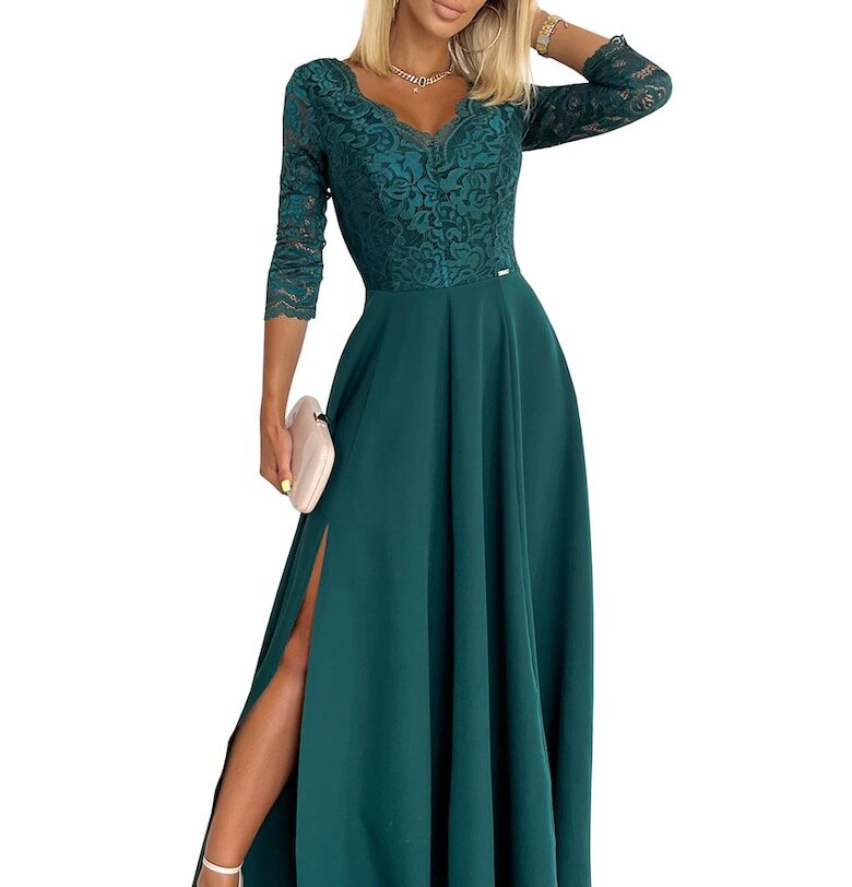Елегантна дълга дантелена рокля с цепка на крачола - Зелен Numoco