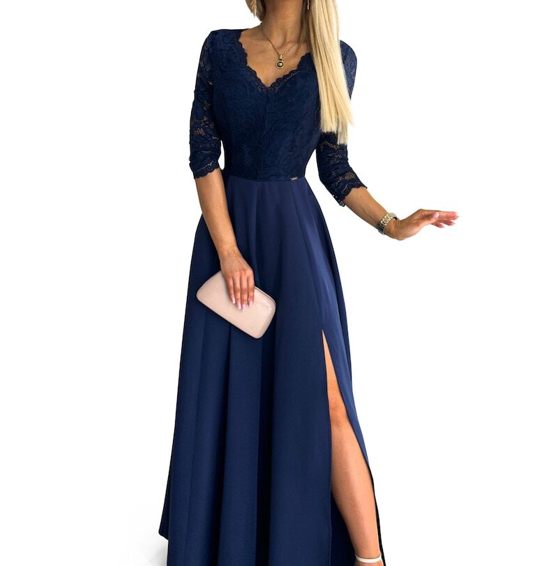 Елегантна дълга дантелена рокля с цепка на крачола - Тъмносин Numoco