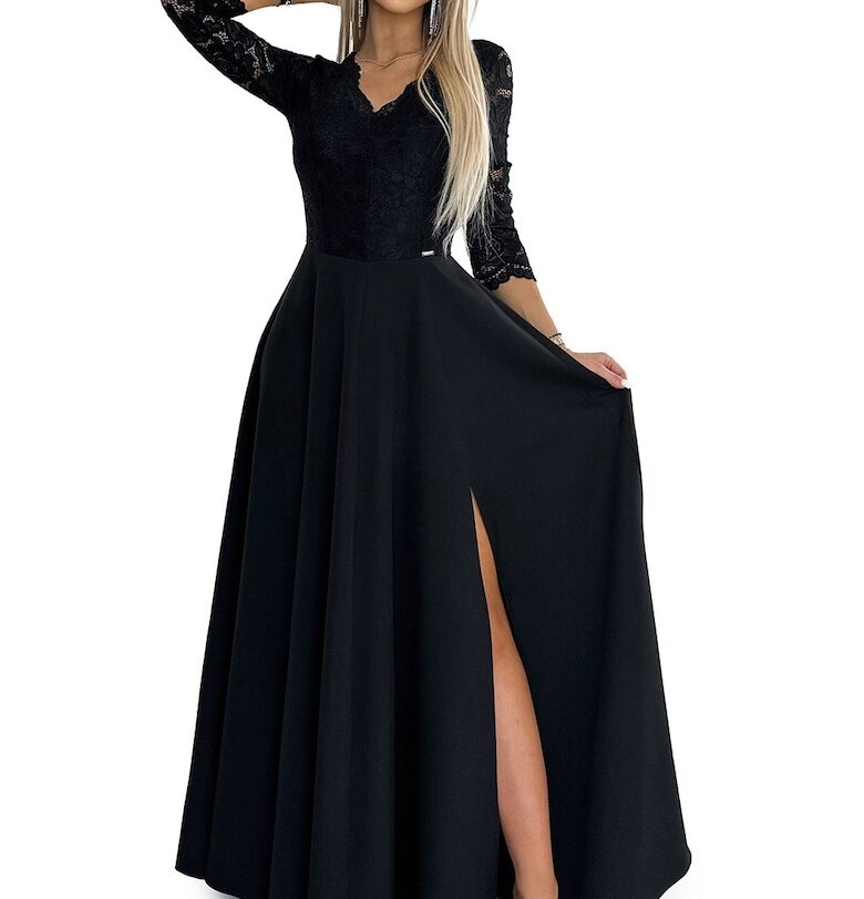 Елегантна дълга дантелена рокля с цепка на крачола - Черен Numoco