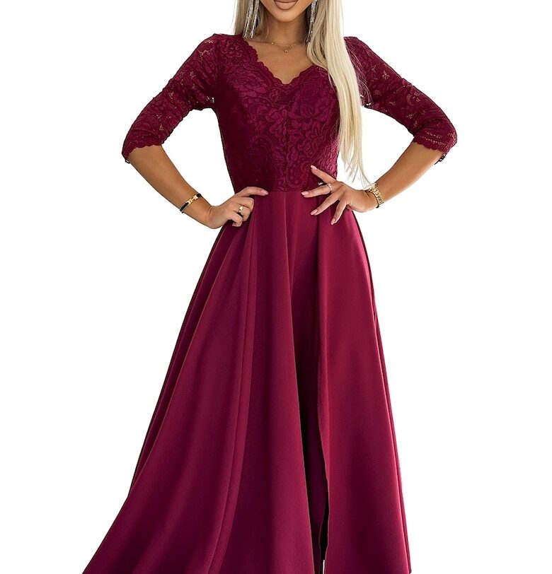 Елегантна - дълга рокля в бордо - с дантелена горна част и цепки по крачола Numoco