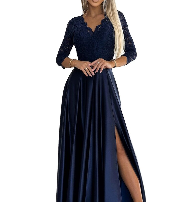 Елегантна дълга рокля от сатен - с дантелена горна част и цепка на крака - тъмно синя Numoco