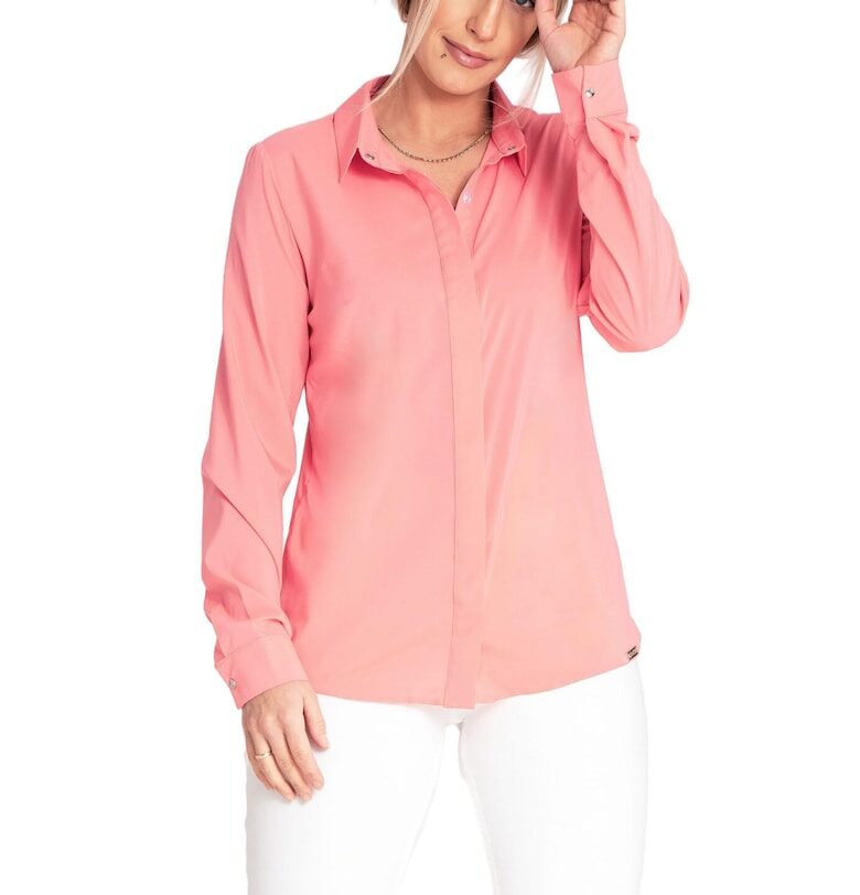 Елегантна риза  модел с яка - дълъг ръкав - коралов цвят - полиестер-еластан Figl