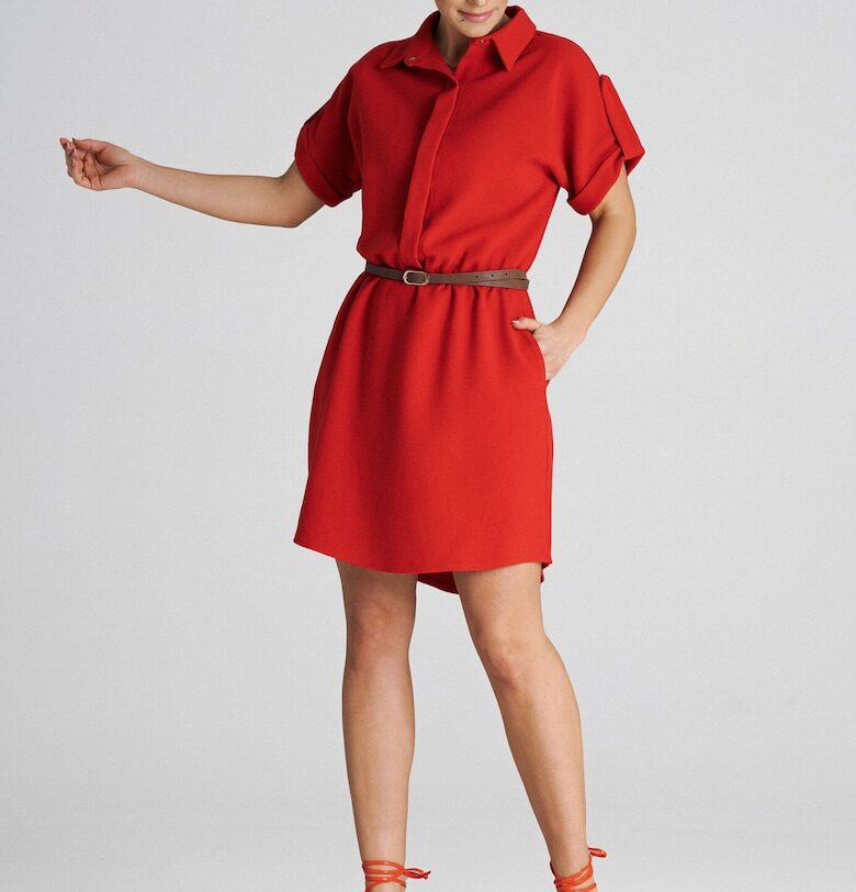 Рокля  свободна - червен колан - полиестер Figl