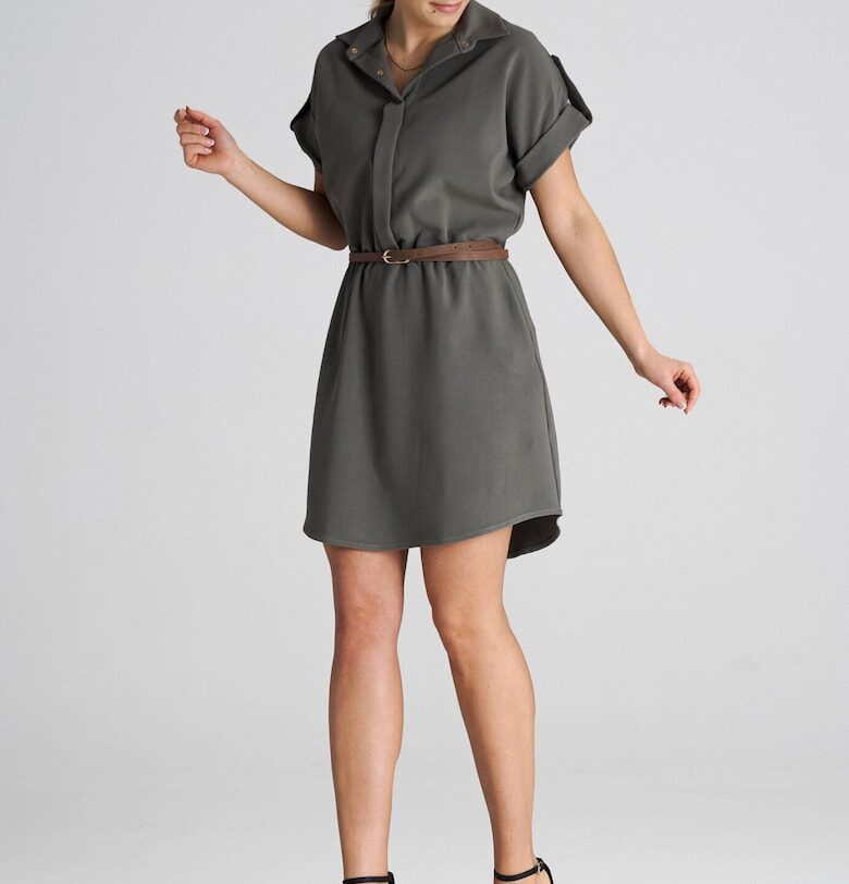 Елегантна рокля  M1001 - миди - с колан - зелена - полиестер - вискоза - еластан Figl