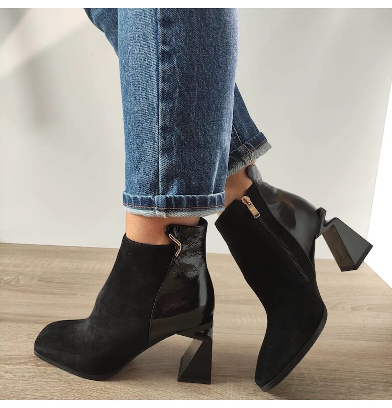 Елегантни дамски боти  H5225-3436 черен велур + лак - черен велур + лак - лак Feeling