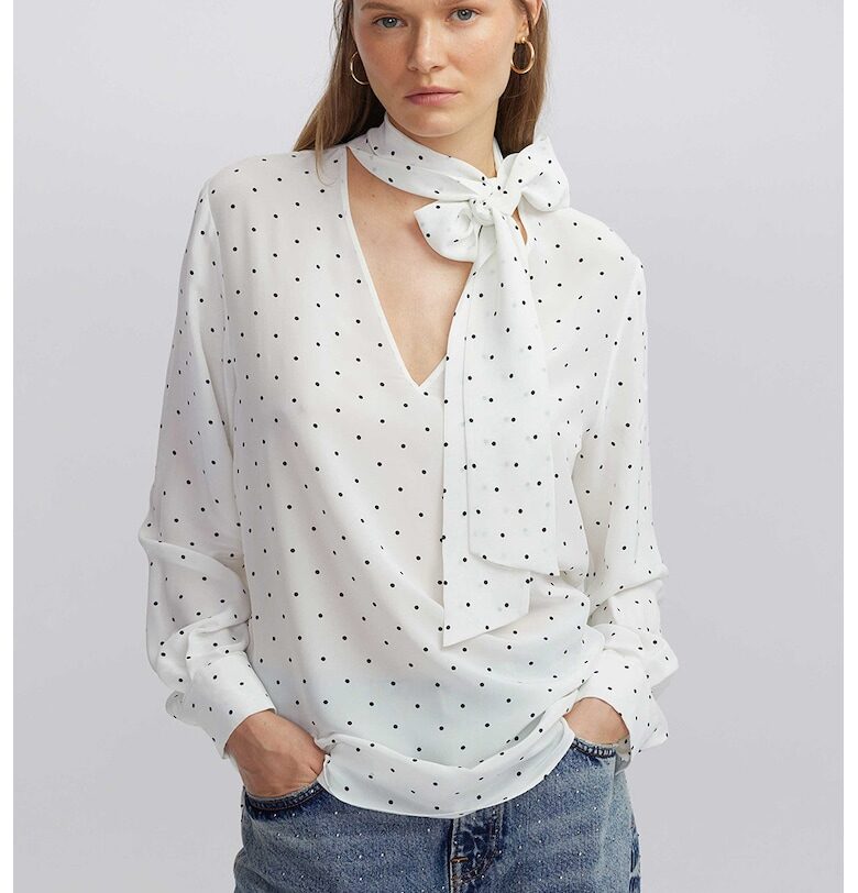 Ефирна блуза с панделка на деколтето - Черен/Мръснобял Ipekyol