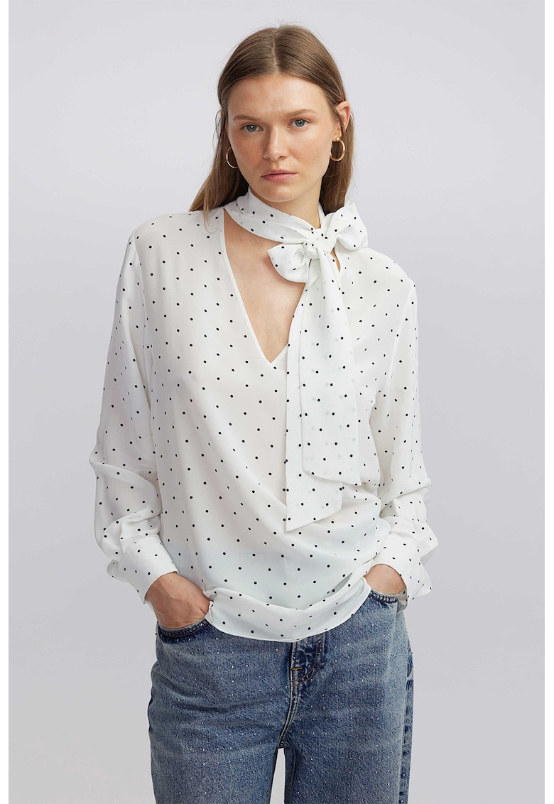 Ефирна блуза с панделка на деколтето - Черен/Мръснобял Ipekyol