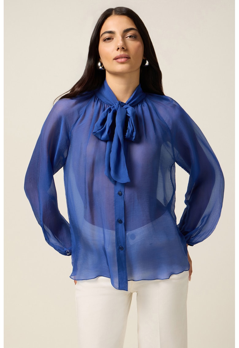 Ефирна риза с коприна с голяма панделка на деколтето - Кралско Синьо Oltre