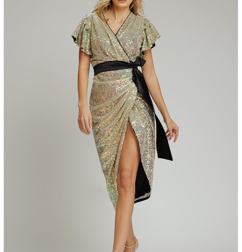 Застъпена миди рокля с бляскав ефект - Златист concept A trois