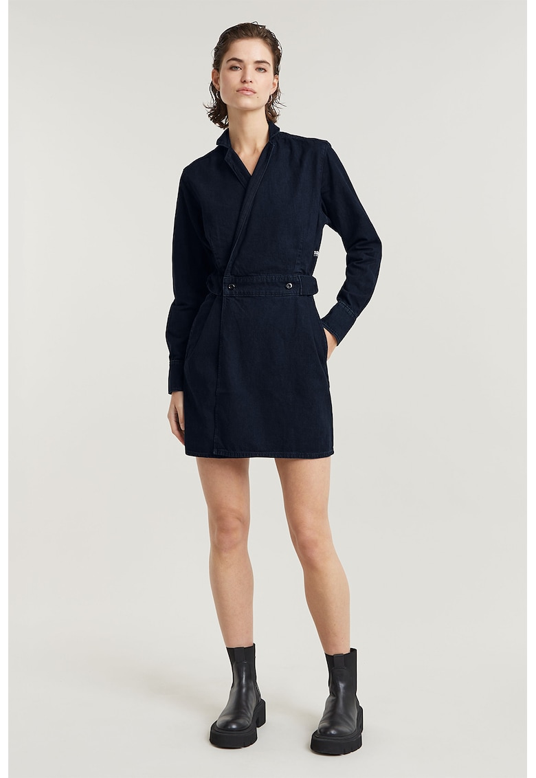 Застъпена рокля от деним с дълги ръкави - Тъмносин G-STAR