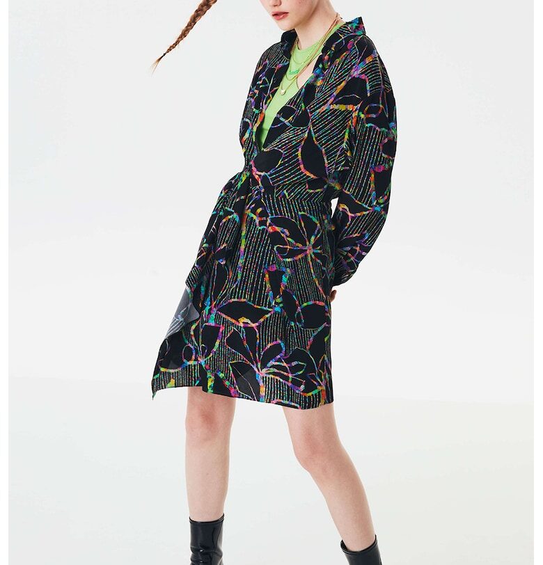 Застъпена рокля с принт и дълги ръкави - Черен/Жълт/Син TWIST