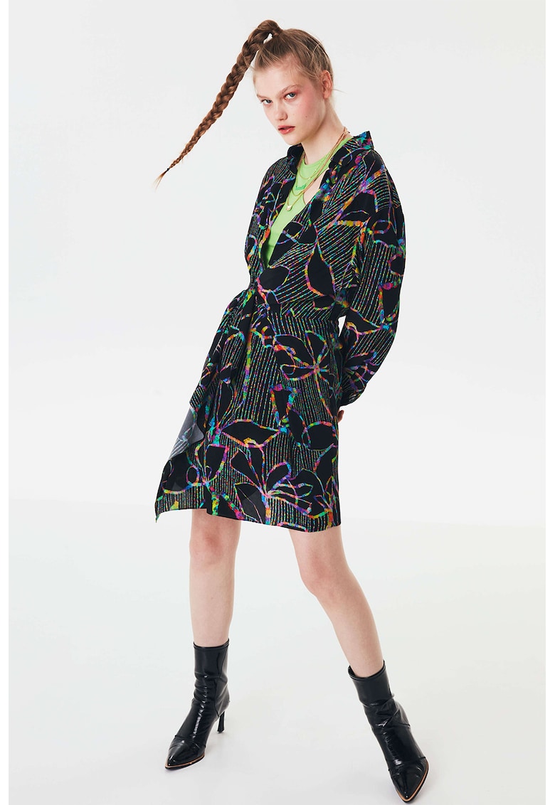 Застъпена рокля с принт и дълги ръкави - Черен/Жълт/Син TWIST