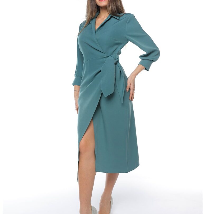 Застъпена рокля с шлиц отпред - Персийско зелено CAMISSI