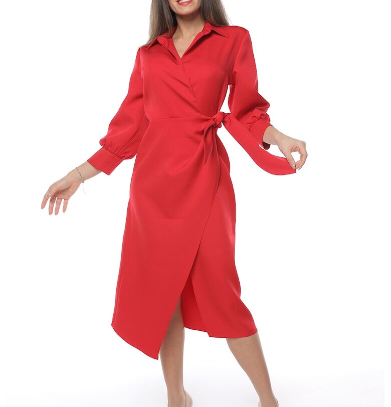 Застъпена рокля с шлиц отпред - Червен CAMISSI