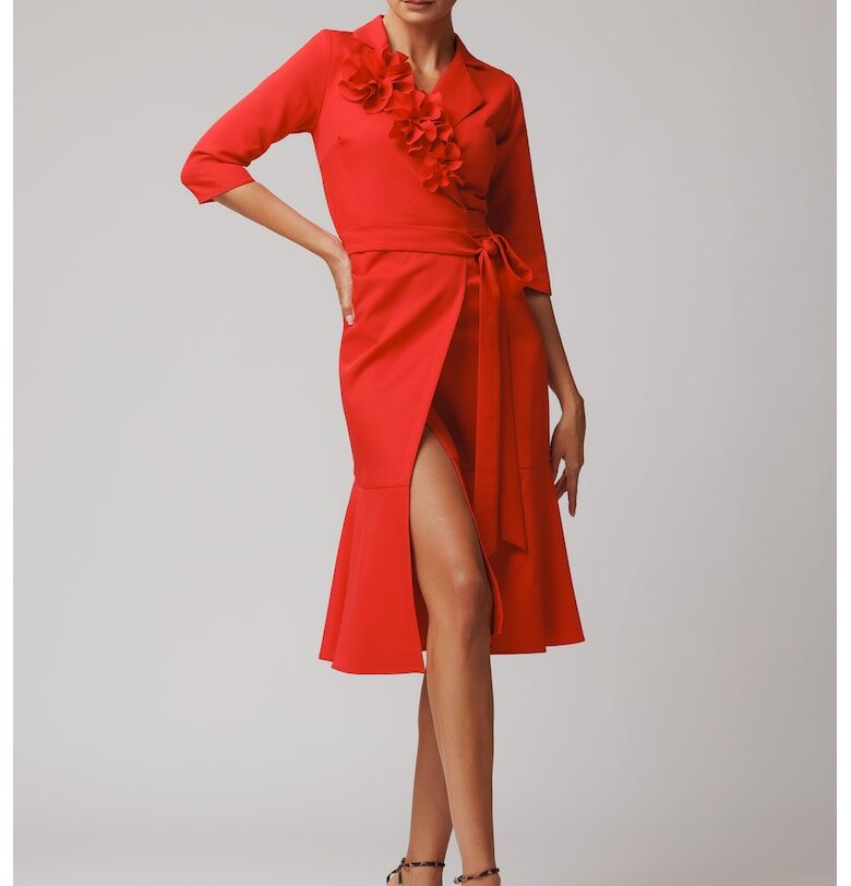 Застъпена рокля с шпиц - Аленочервен concept A trois