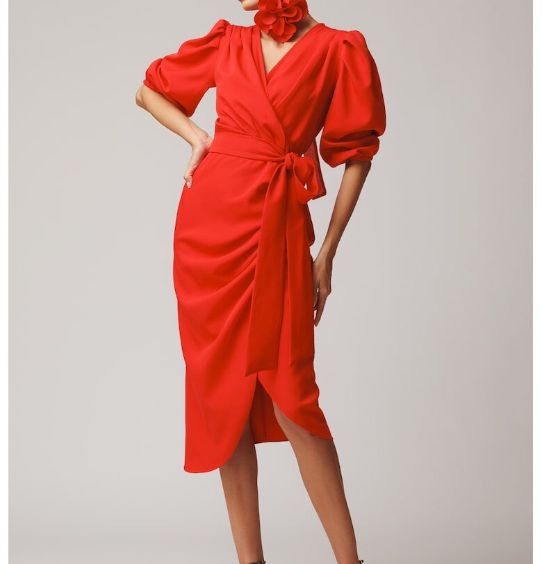 Застъпена рокля с шпиц - Аленочервен concept A trois