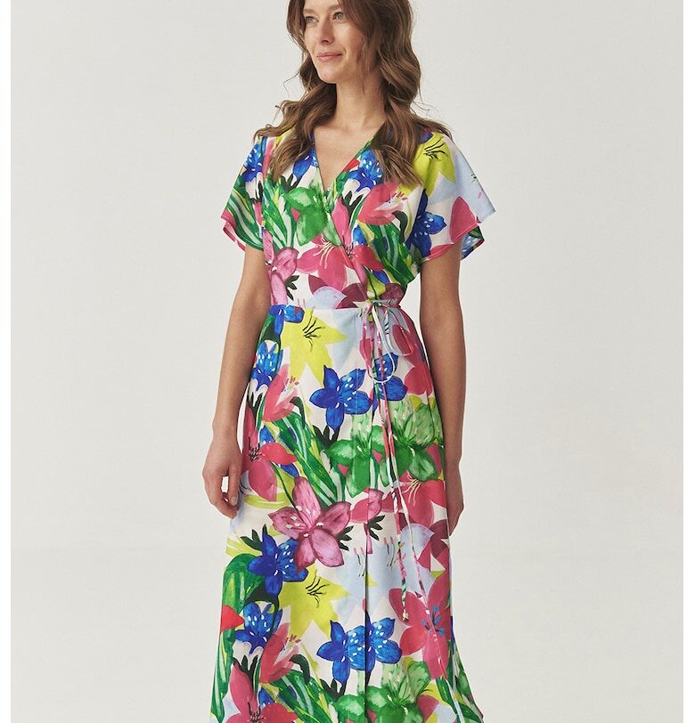 Застъпена флорална рокля - Тъмносин/Бял/Аква зелено Tatuum