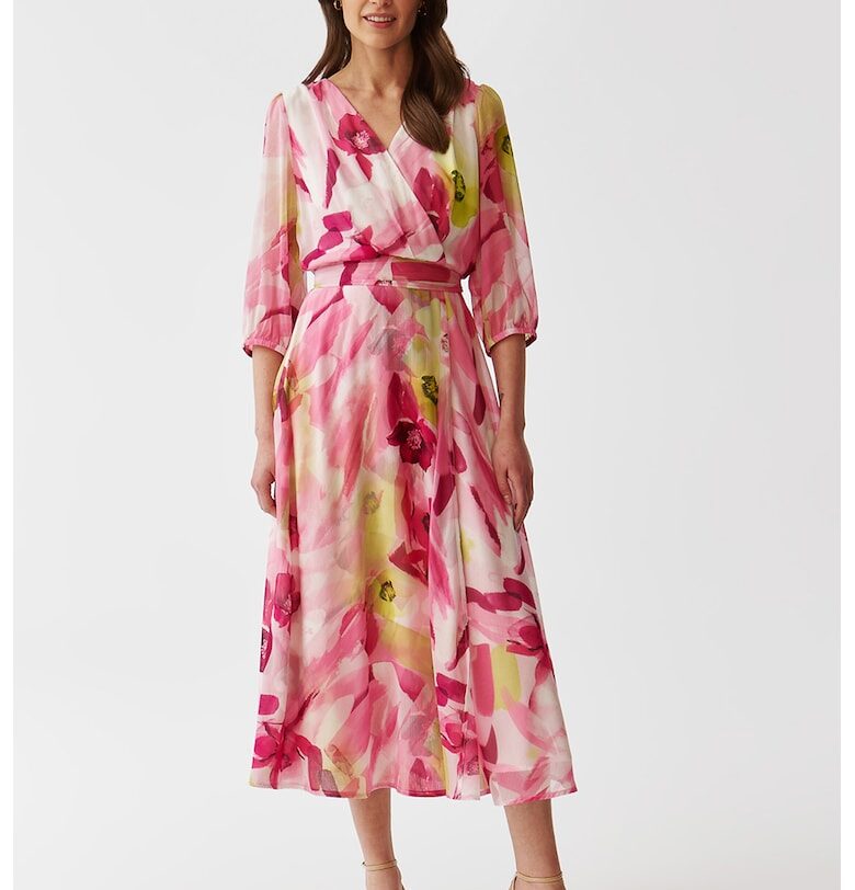 Застъпена флорална рокля с връзка - Жълт/Розово Tatuum
