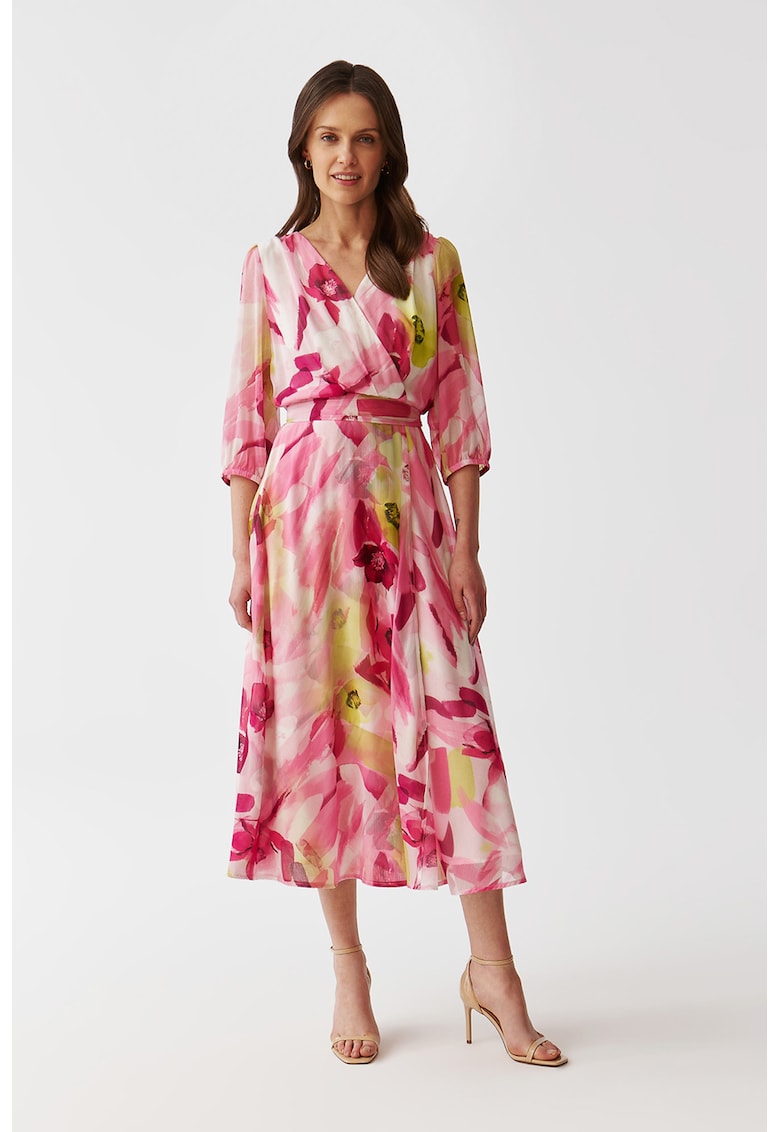 Застъпена флорална рокля с връзка - Жълт/Розово Tatuum