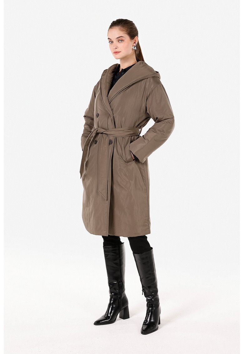 Застъпено двуредно палто с качулка - Тъмнокафяв COLINS