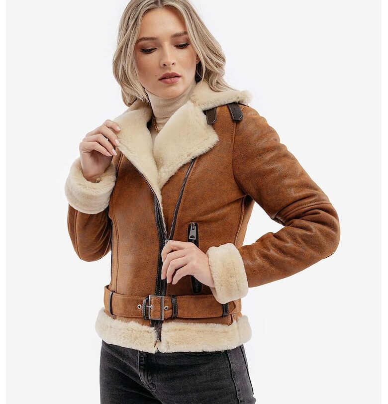 Зимно кожено яке Aviator с подплата от агнешки пух - Канелено кафяво Gerali