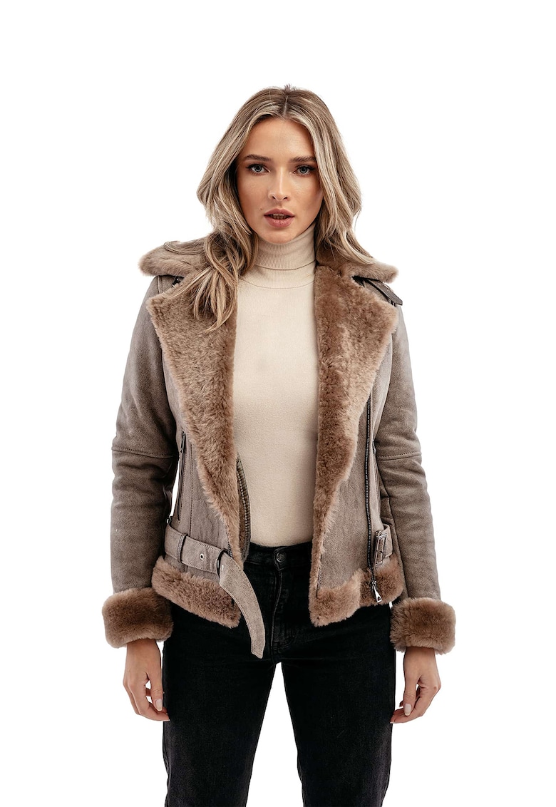Зимно кожено яке Aviator с подплата от агнешки пух - Светлокафяв Gerali