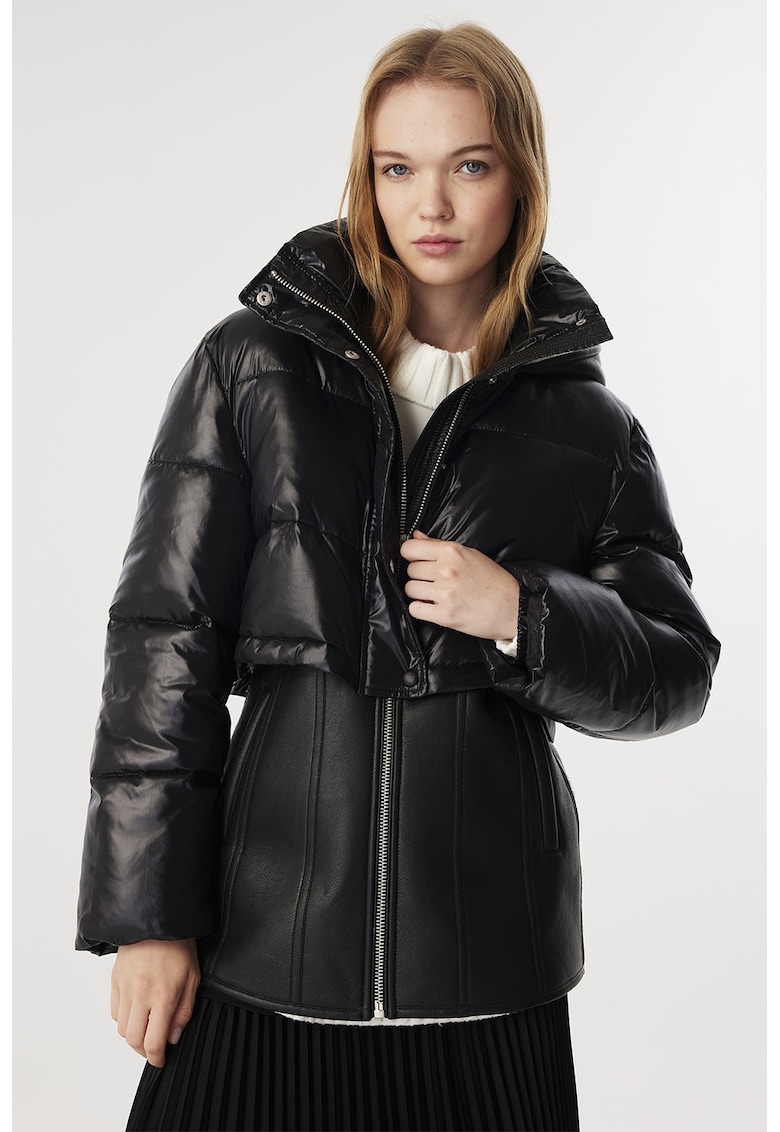 Зимно яке с еко кожа - Черен TWIST