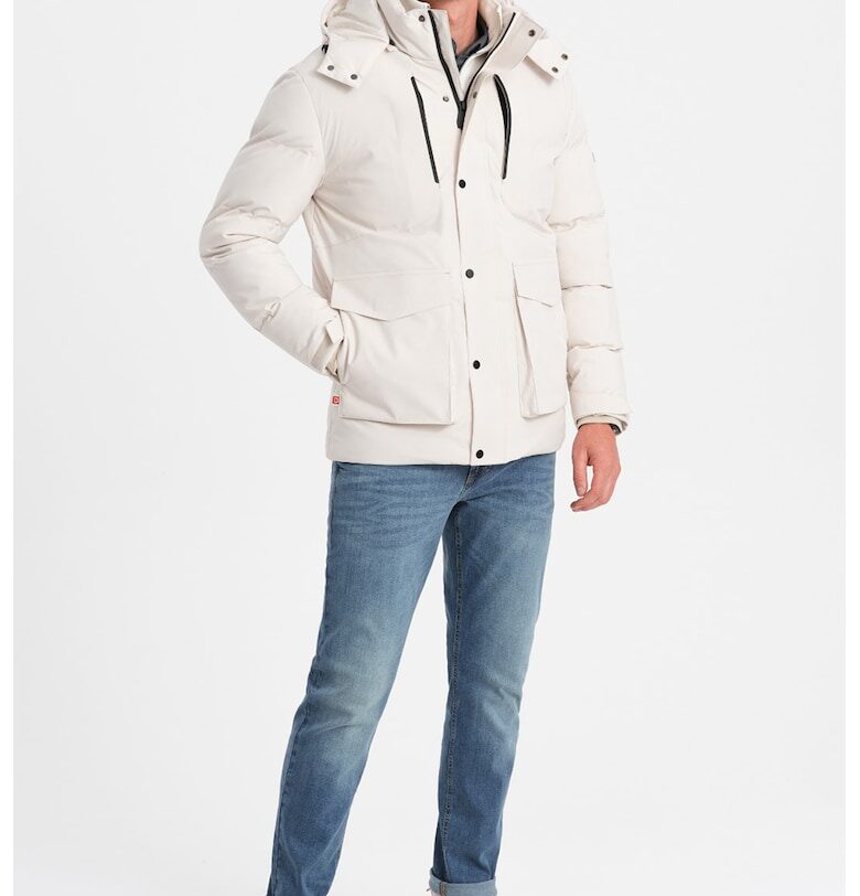 Зимно яке с качулка и джобове встрани - Мръснобял OMBRE