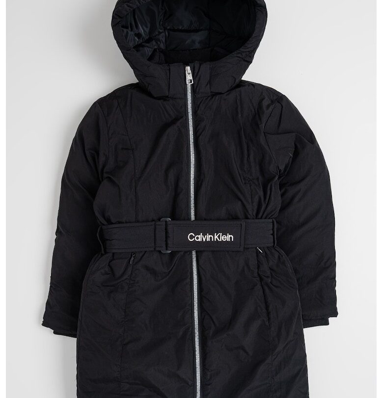 Зимно яке с качулка и колан на талията - Черен CALVIN KLEIN
