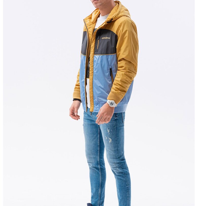 Зимно яке с цип и дизайн с цветен блок - Син/Тъмножълт OMBRE