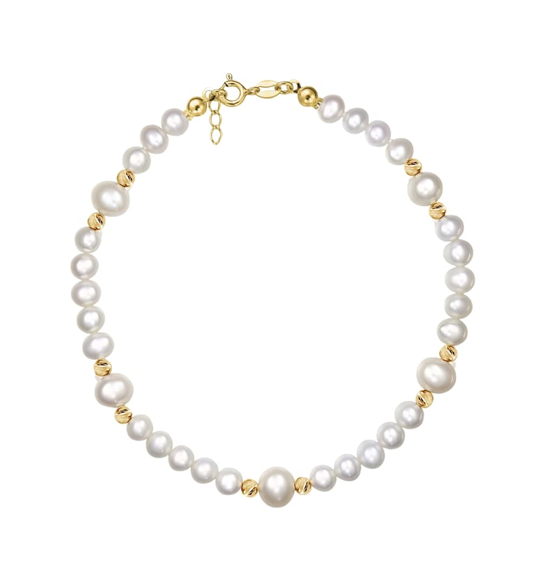 Златна гривна 585 - 14К с бели култивирани перли 5+6мм и златни топчета - класическа закопчалка - 18-19 CM e-Crystal