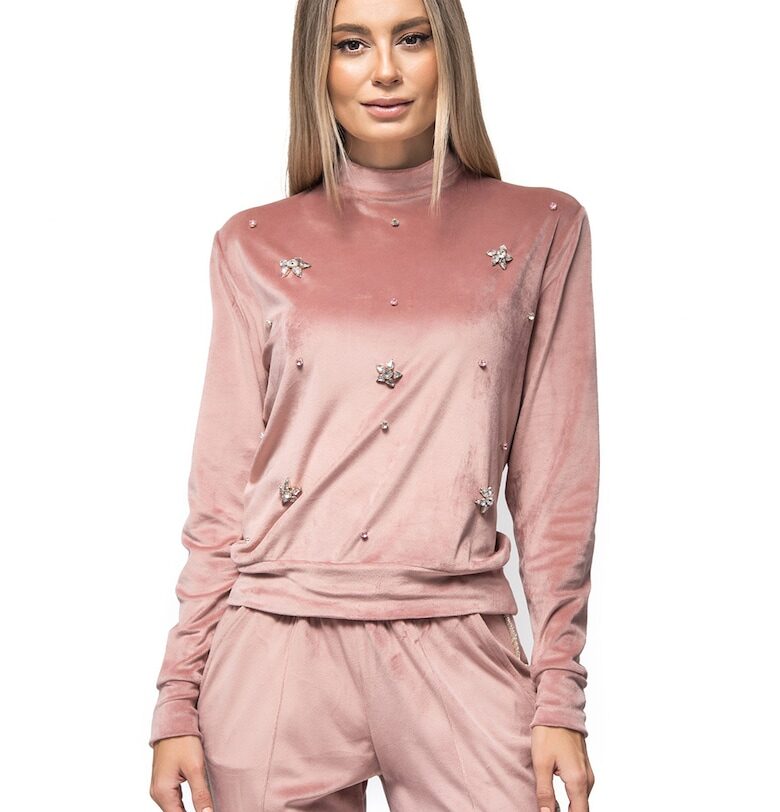 Кадифена блуза Elvira с декоративни камъни - Пастелнорозов CASA DE MODA VIGO