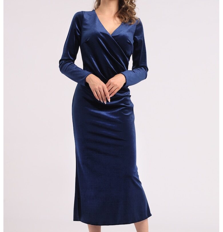 Кадифена миди рокля със застъпено деколте - Тъмносин CAMISSI