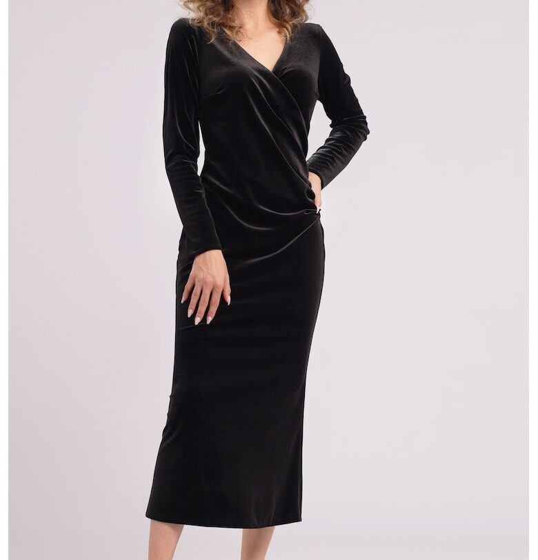 Кадифена миди рокля със застъпено деколте - Черен CAMISSI