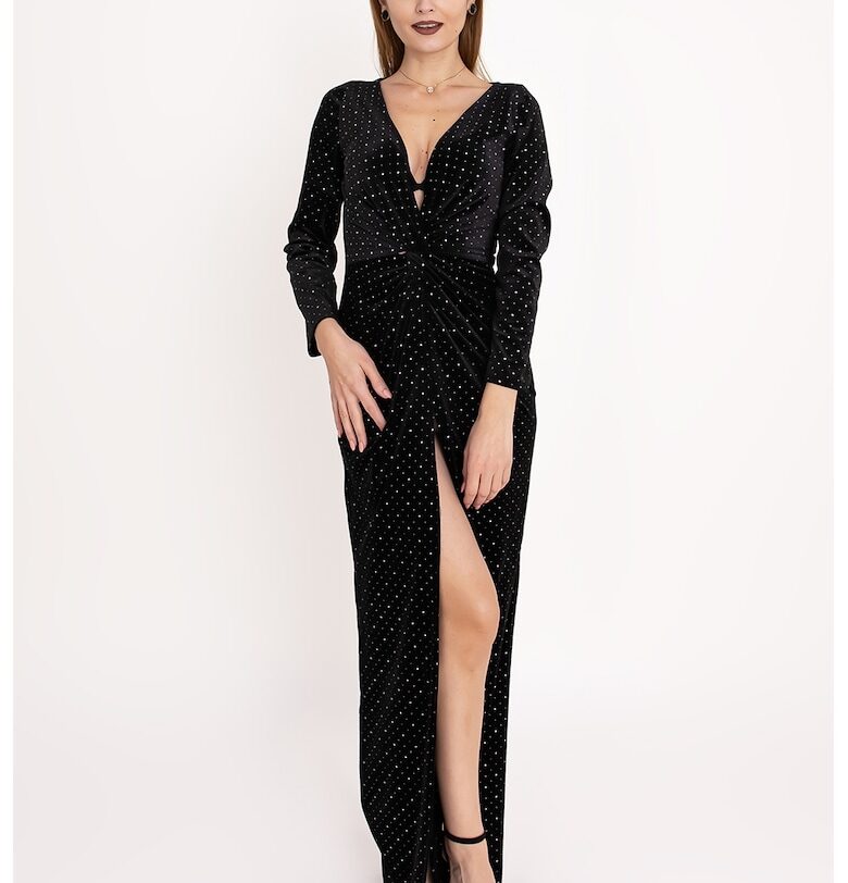 Кадифена рокля Onyx със застъпен дизайн и декоративни камъни - Черен Ilona Andreoiu