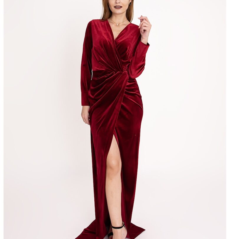 Кадифена рокля Ravenna със застъпен дизайн - Бордо Ilona Andreoiu