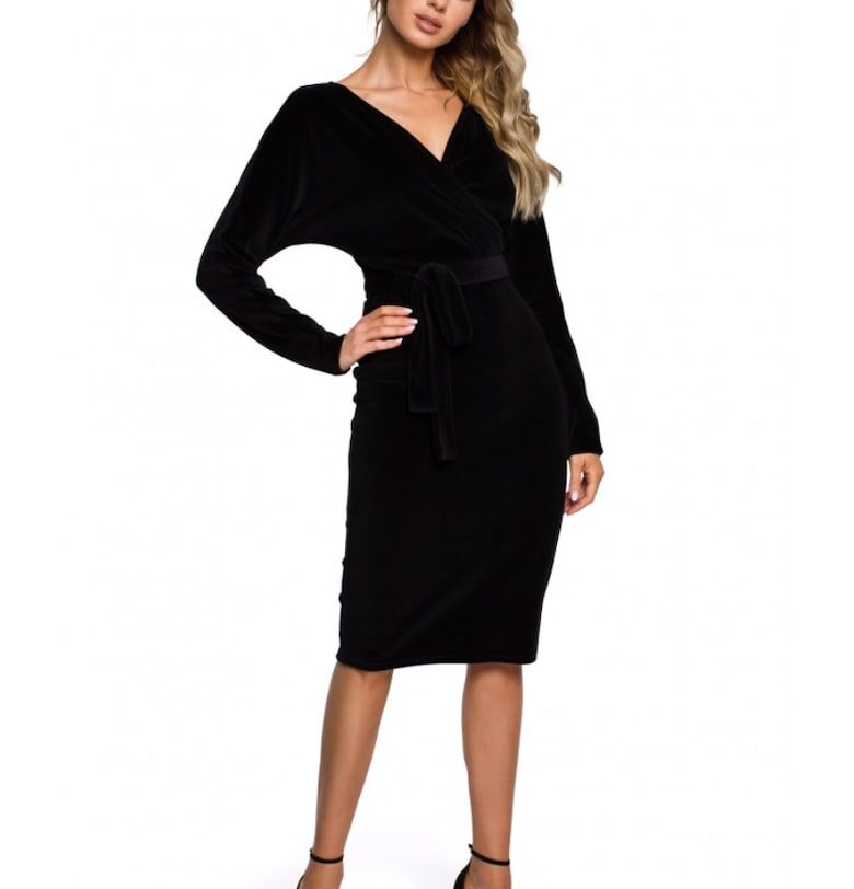 Кадифена рокля с горна част и колан - черна - Черен MOE