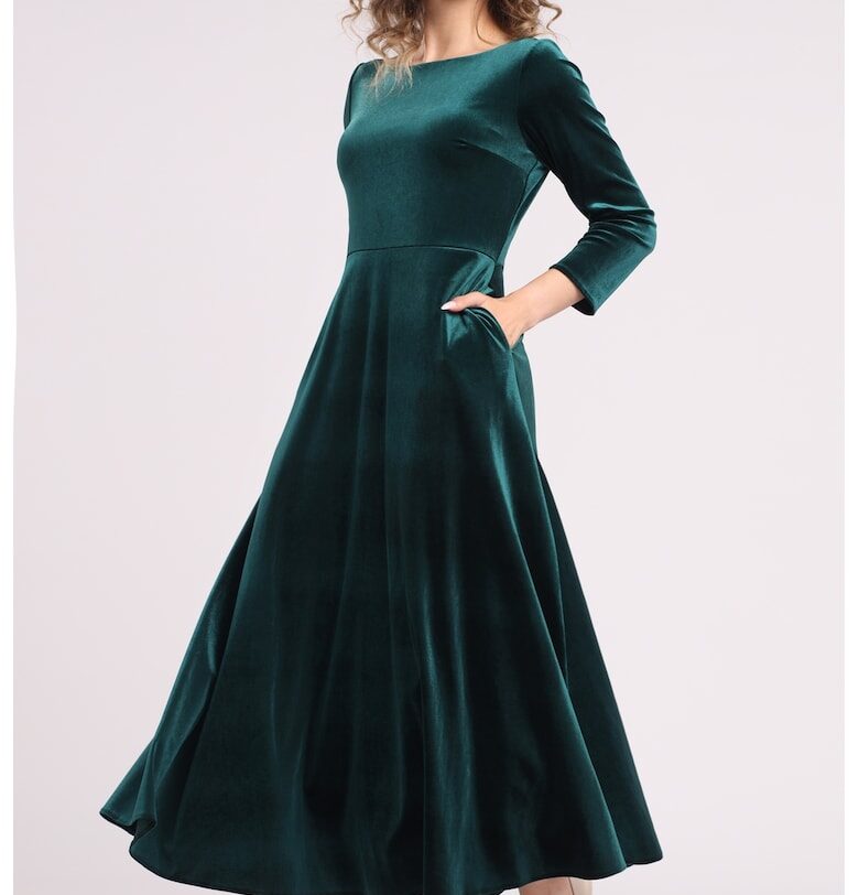 Кадифена рокля с джобове встрани - Зелен CAMISSI