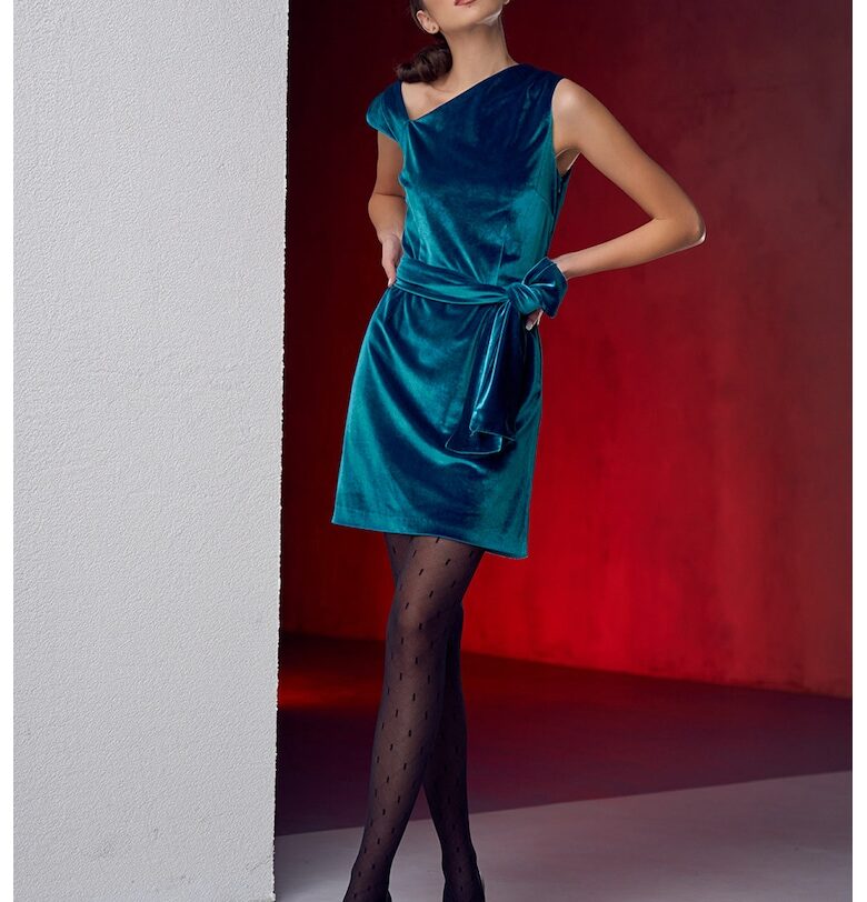 Кадифена рокля с колан - Тюркоаз AVENUE No29