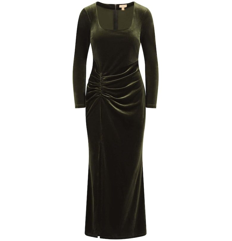 Кадифена рокля с набирания и цепка встрани - Зелен BALOU