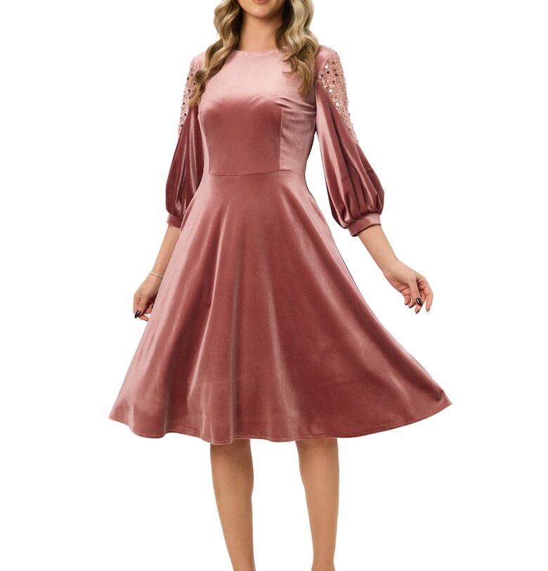 Кадифена рокля с пайети - Прашно розово BAROCCA