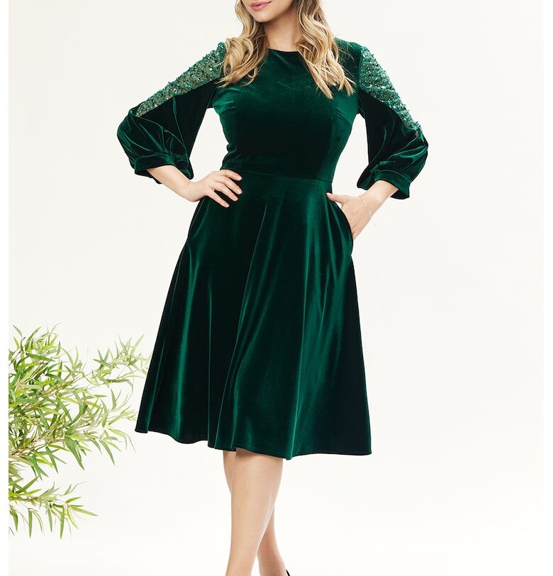 Кадифена рокля с пайети - Тъмнозелен BAROCCA